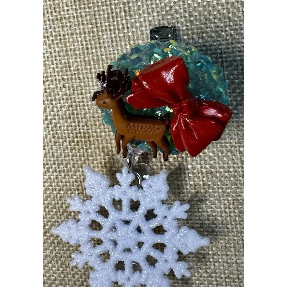 Christmas Deer and Bow Retractable Badge Reel ID Badge Holder Handmade